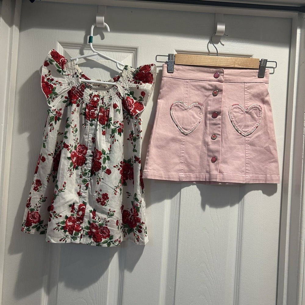 H&M Floral Top & Heart-Pocket Pink Skirt 2-Piece Set Size 6-8Y